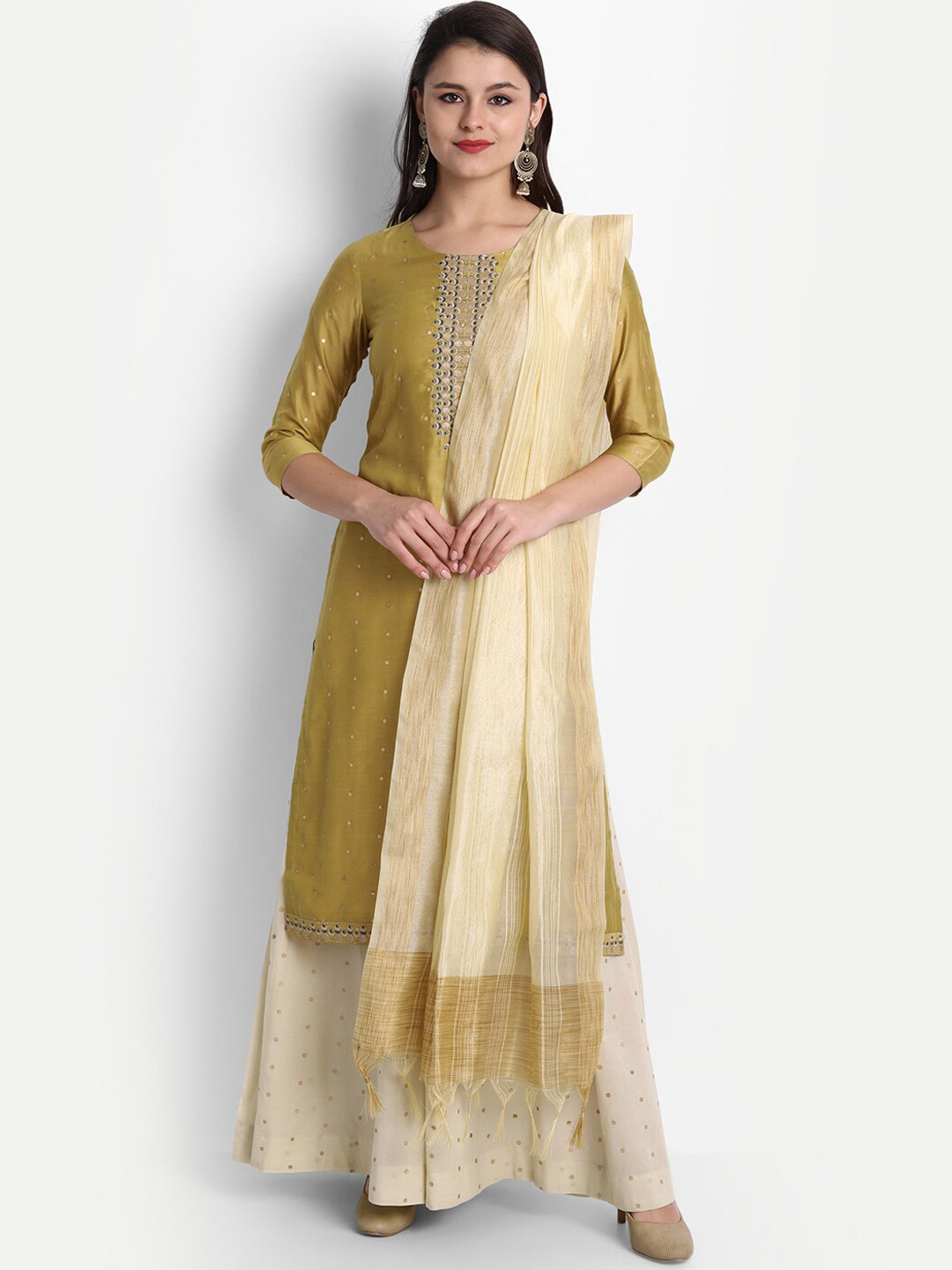 

SHEREEN Women Lime Green Ethnic Motifs Yoke Design Panelled Kurta with Sharara & With Dupatta