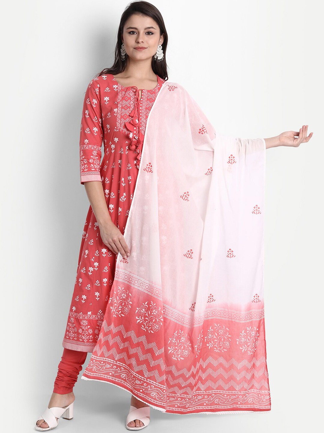 

SHEREEN Women Coral Ethnic Motifs Printed Pure Cotton Kurta with Churidar & With Dupatta
