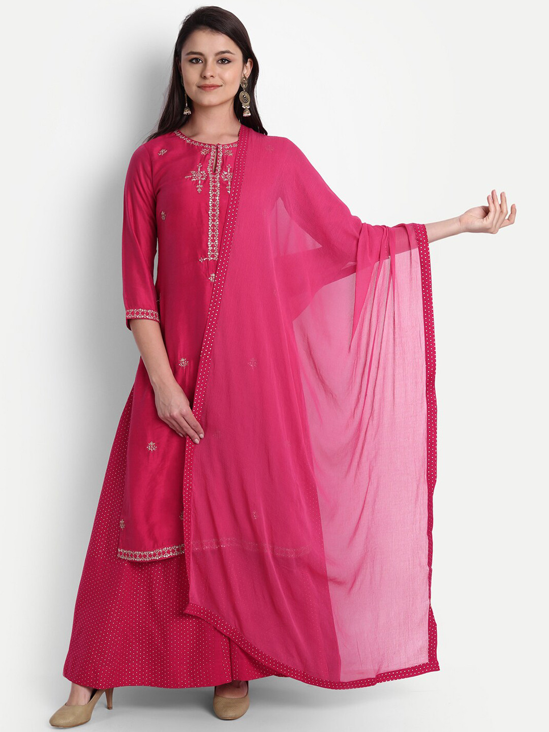 

SHEREEN Women Fuchsia Embroidered Kurta with Palazzos & With Dupatta