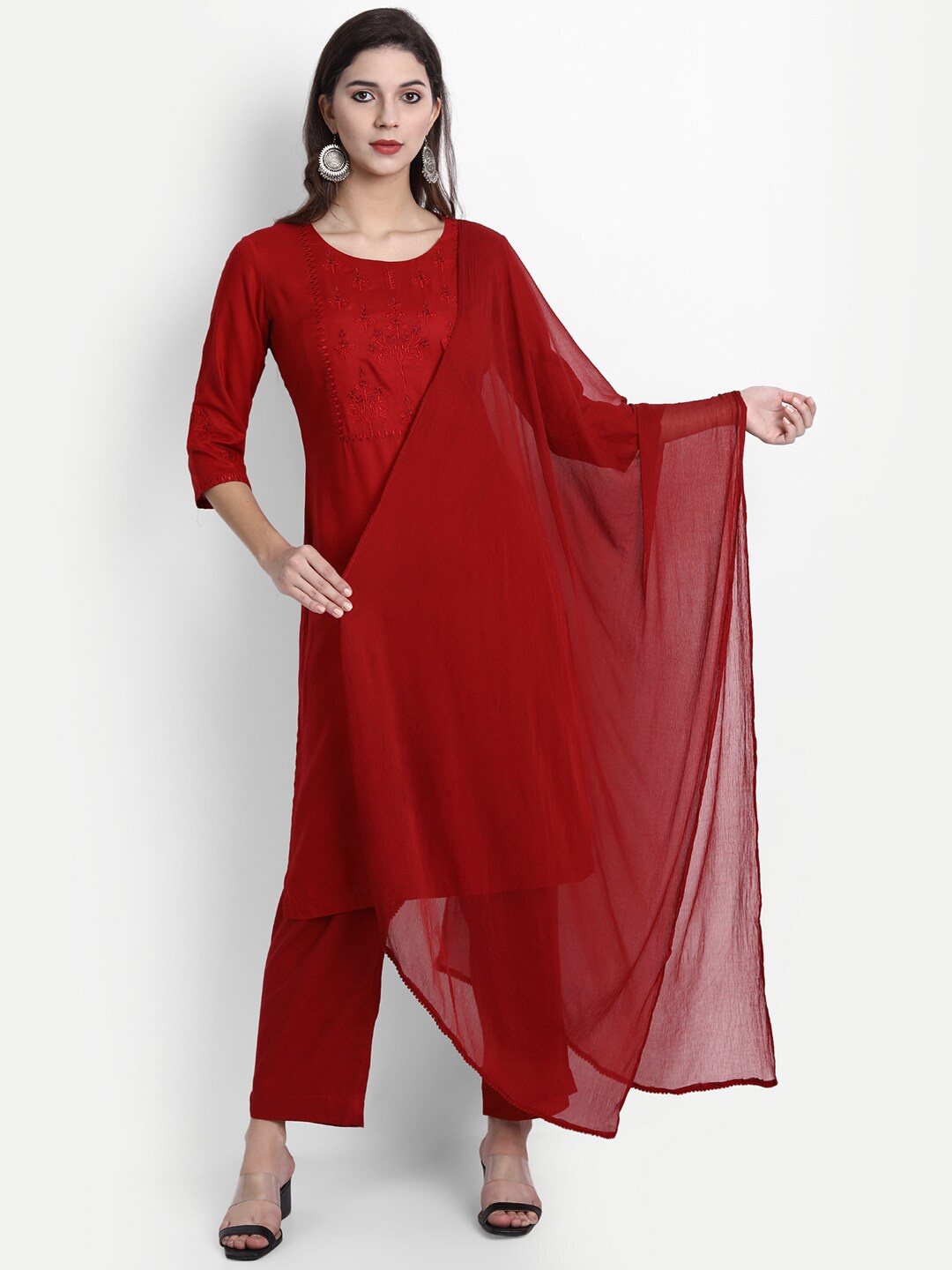 

SHEREEN Women Maroon Thread work Kurta with Trousers & With Dupatta