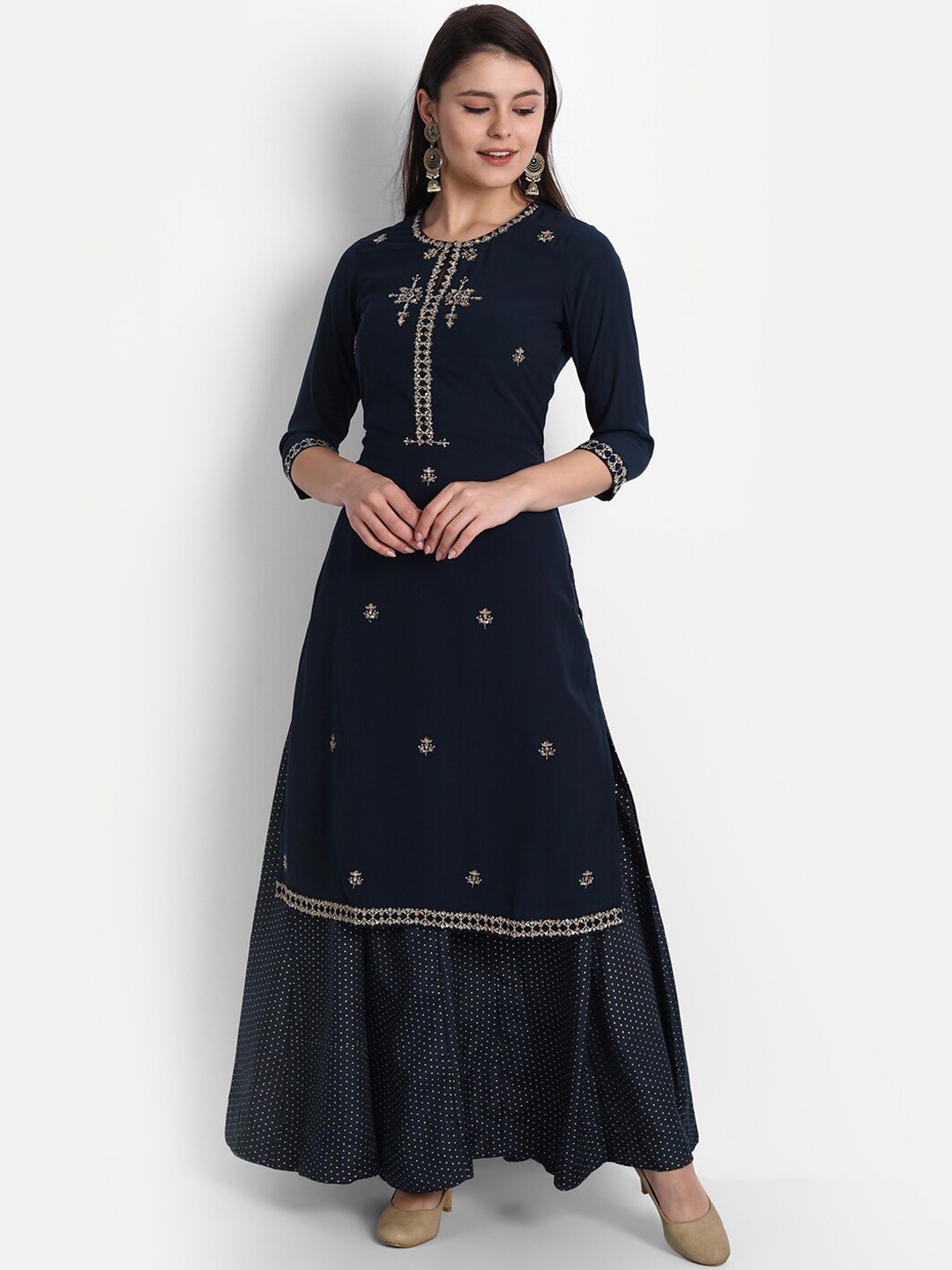 

SHEREEN Women Navy Blue Thread Work Kurta with Palazzos & With Dupatta