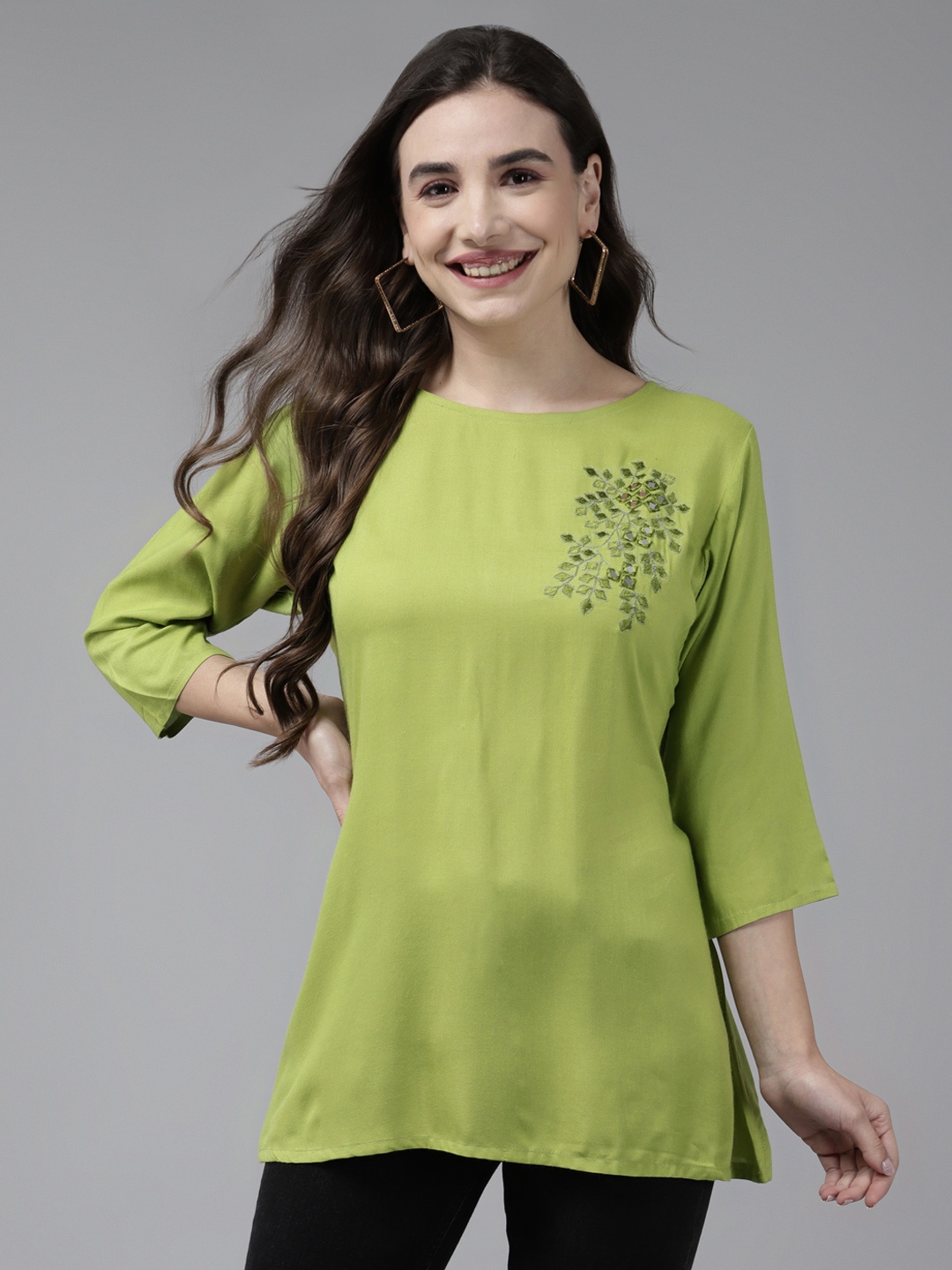 

Aarika Lime Green Geometric Embroidered Georgette Top