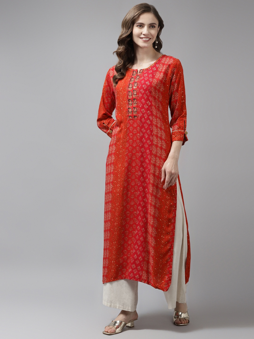 

Aarika Women Red & Beige Ethnic Motifs Printed Pure Cotton Handloom Kurta