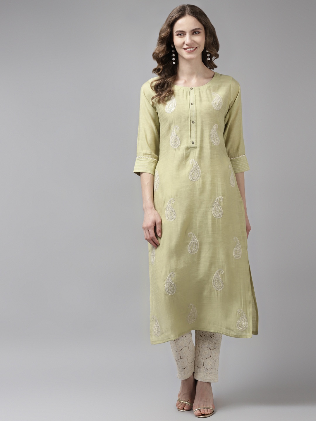 

Aarika Women Sage Green & White Paisley Embroidered Pure Cotton Handloom Kurta