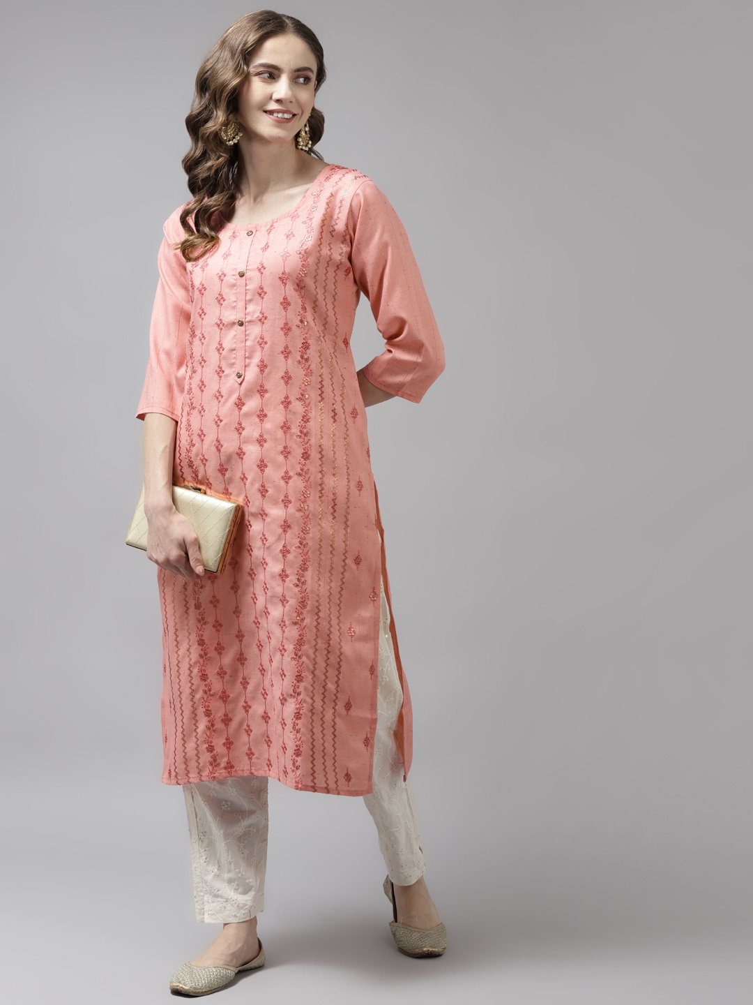 

Aarika Women Pink & Gold-Toned Floral Embroidered Pure Cotton Handloom Kurta