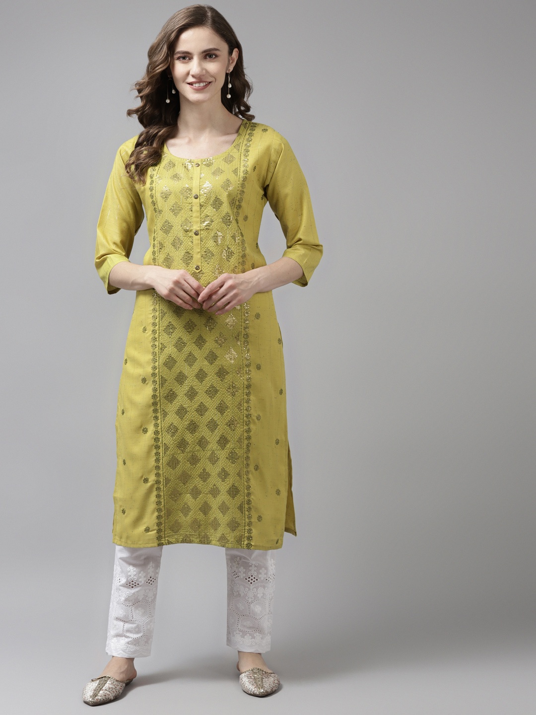 

Aarika Women Green & Gold-Toned Geometric Embroidered Pure Cotton Handloom Kurta