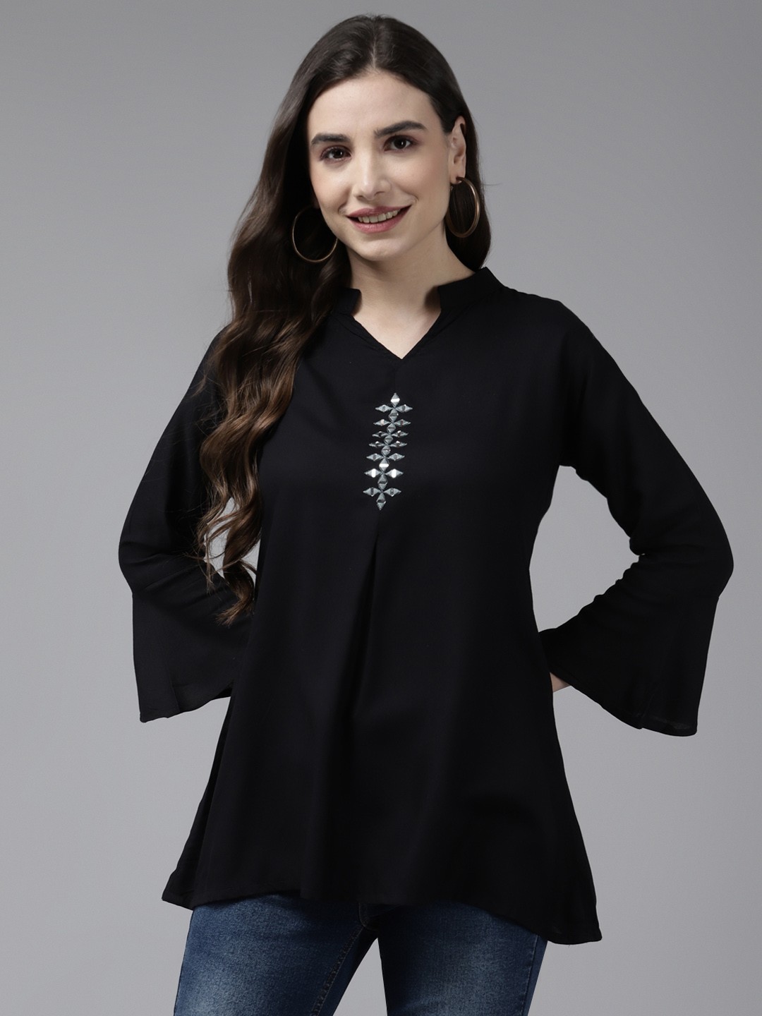 

Aarika Black Mandarin Collar Georgette Top