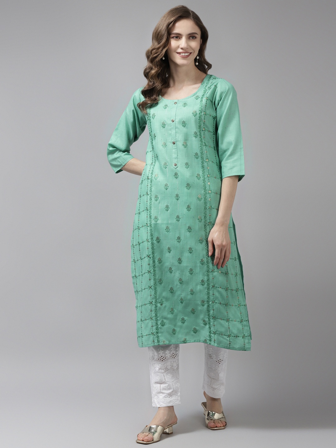 

Aarika Women Green Floral Embroidered Handloom Pure Cotton Kurta