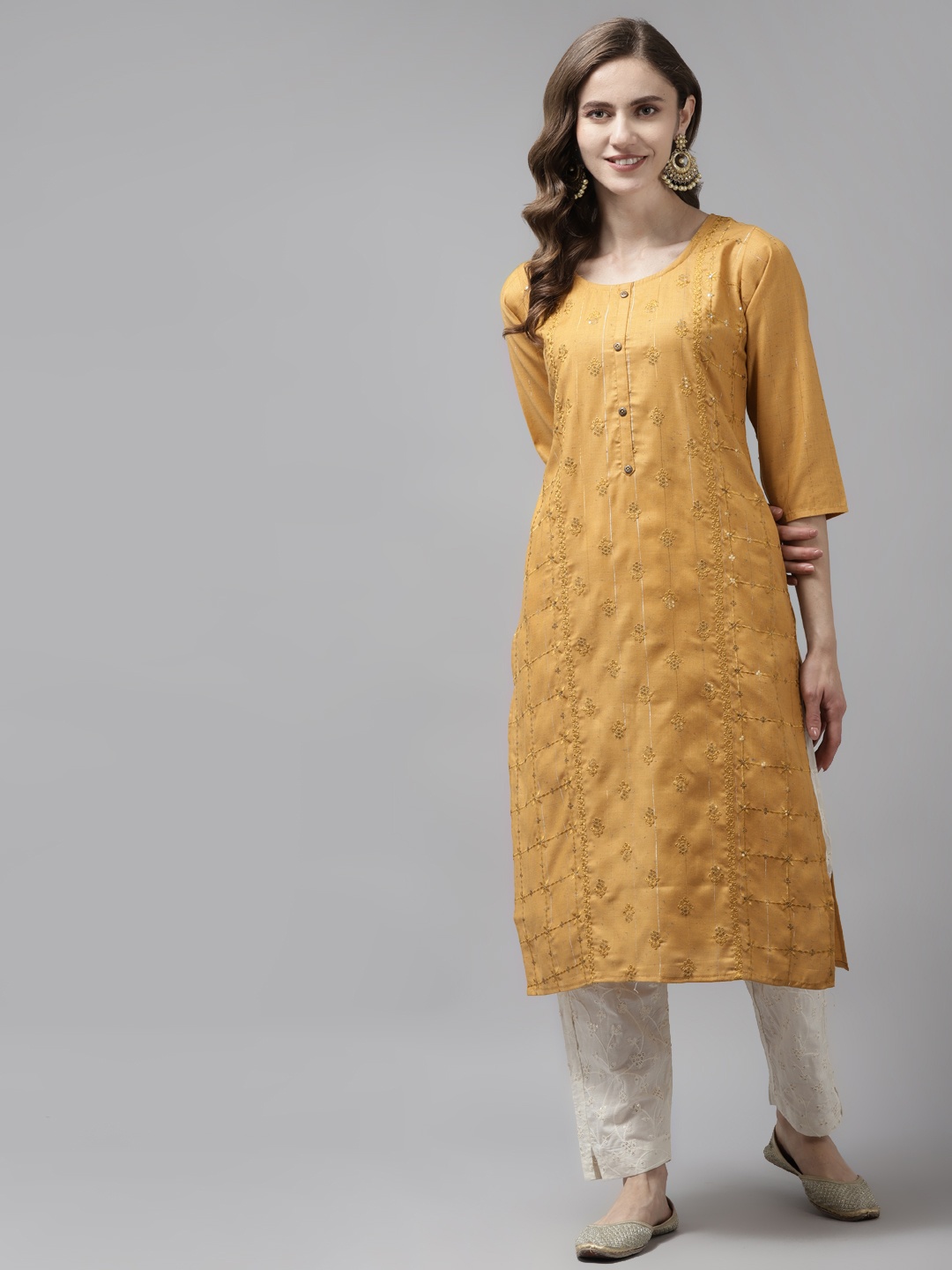 

Aarika Women Yellow Ethnic Motifs Embroidered Kurta