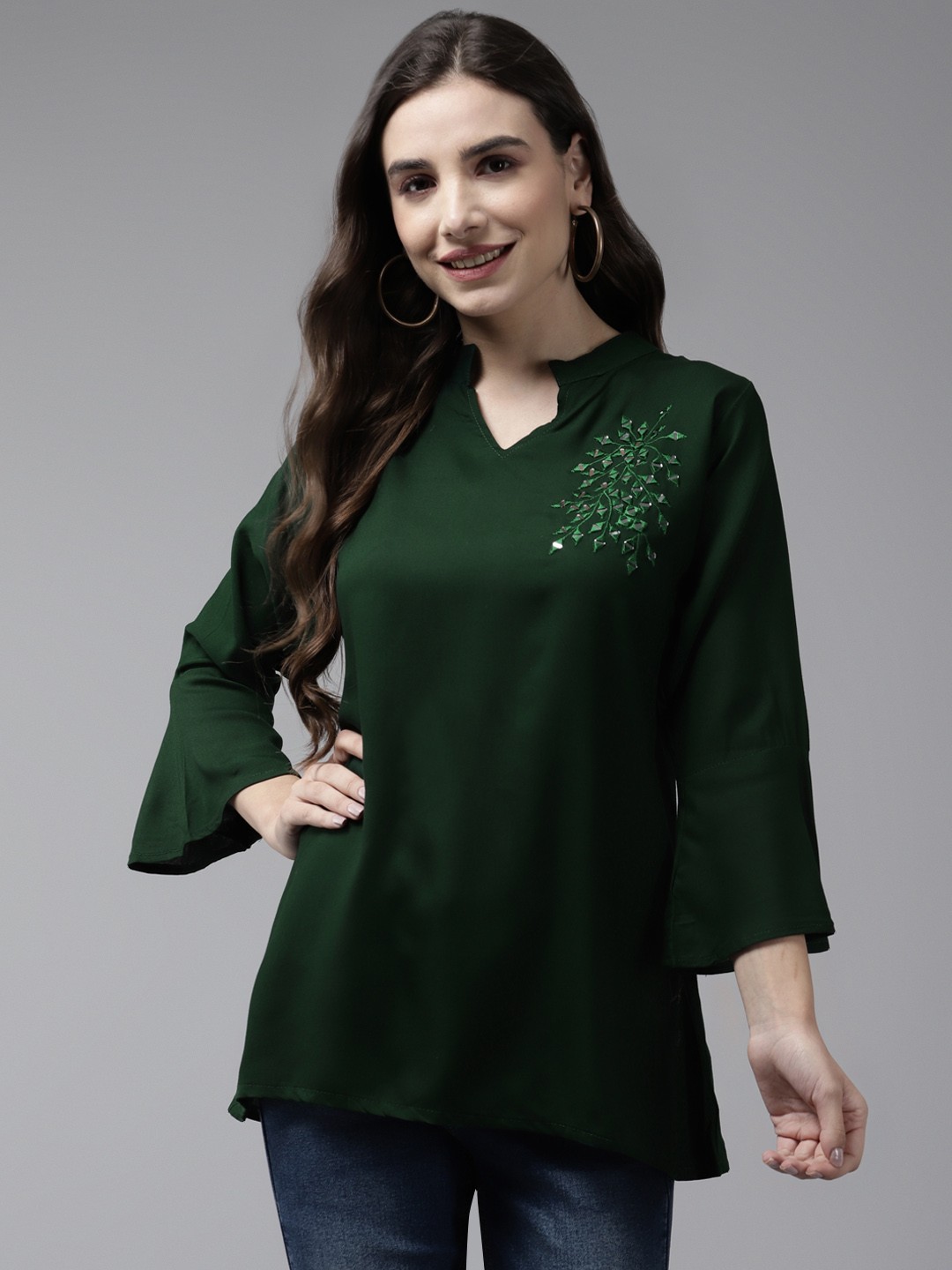 

Aarika Green Embroidered Mandarin Collar Georgette Top