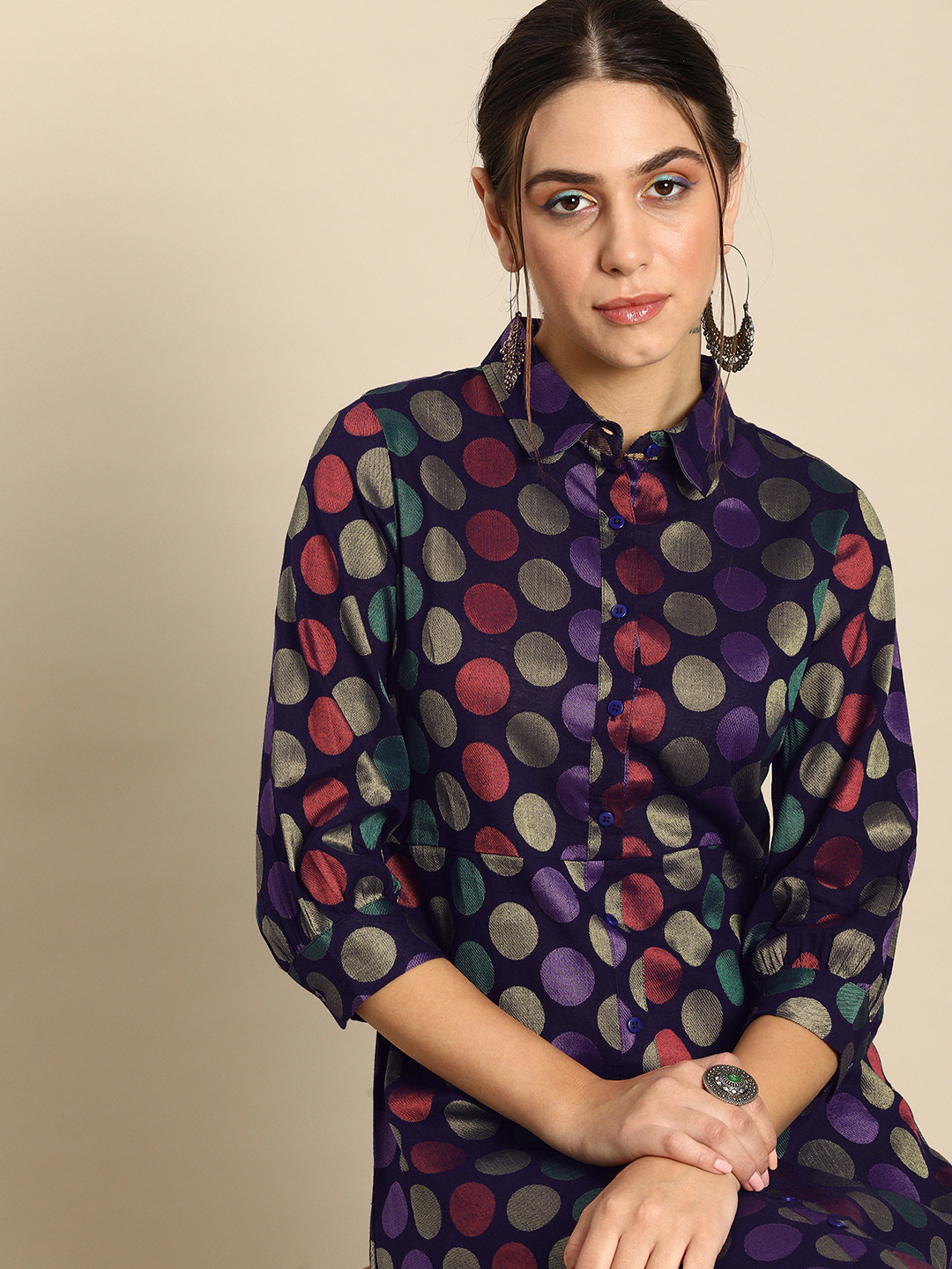 

Sangria Blue & Red Pure Cotton Geometric Self Design A-Line Dress