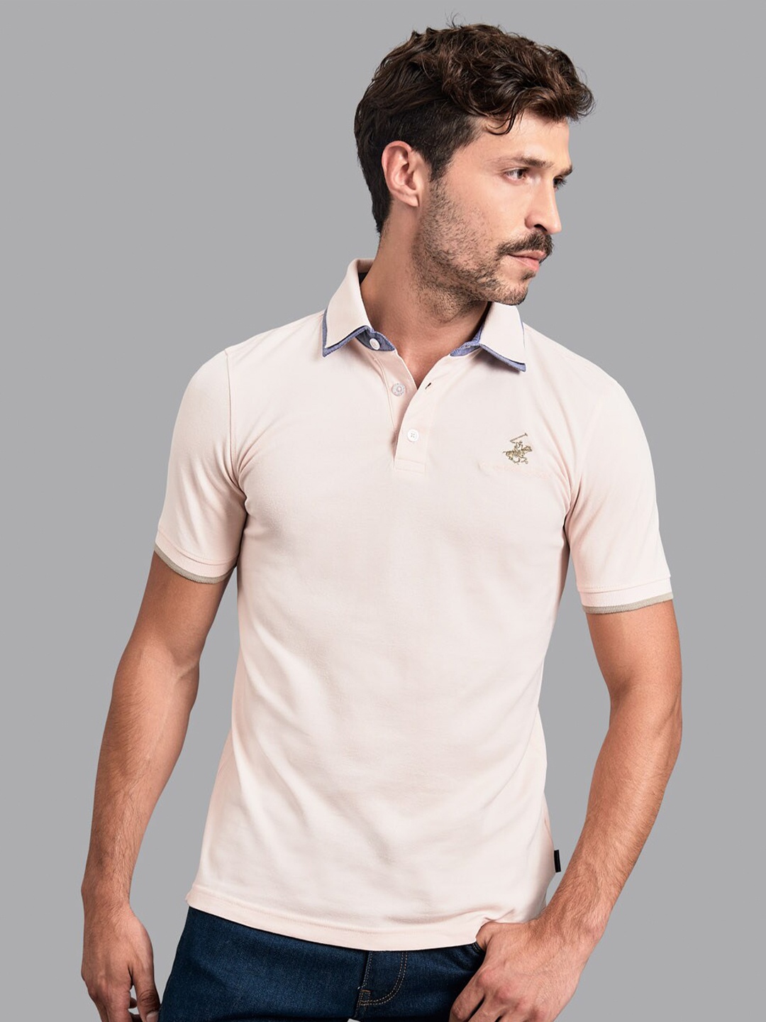 

Beverly Hills Polo Club Men Pink Polo Collar Slim Fit T-shirt