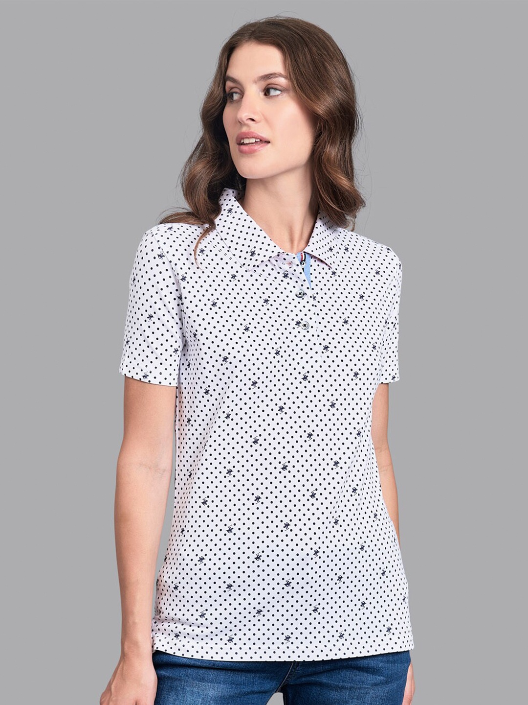 

Beverly Hills Polo Club Women White Printed Polo Collar T-shirt