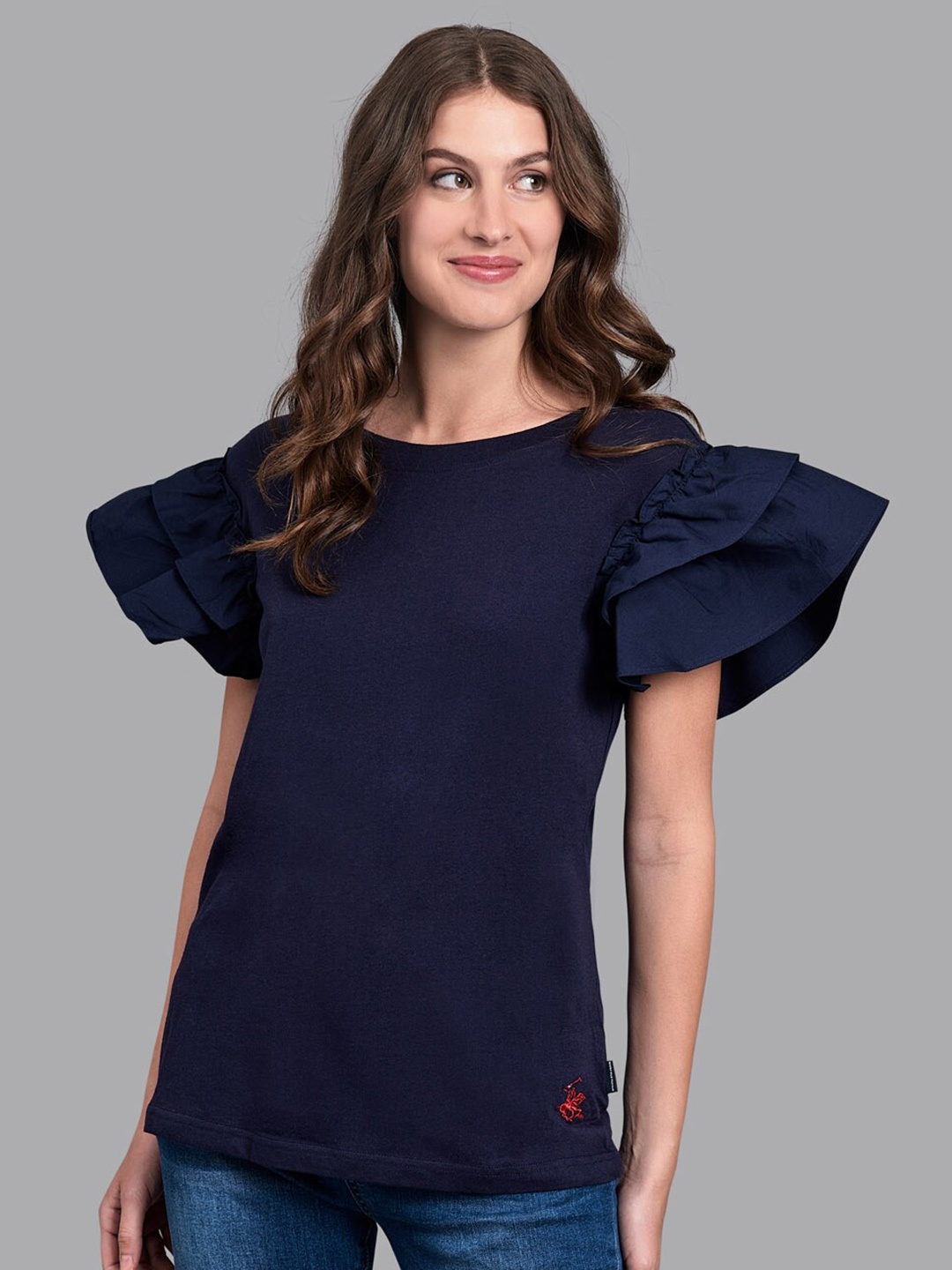 

Beverly Hills Polo Club Women Navy Blue Flutter Sleeves T-shirt