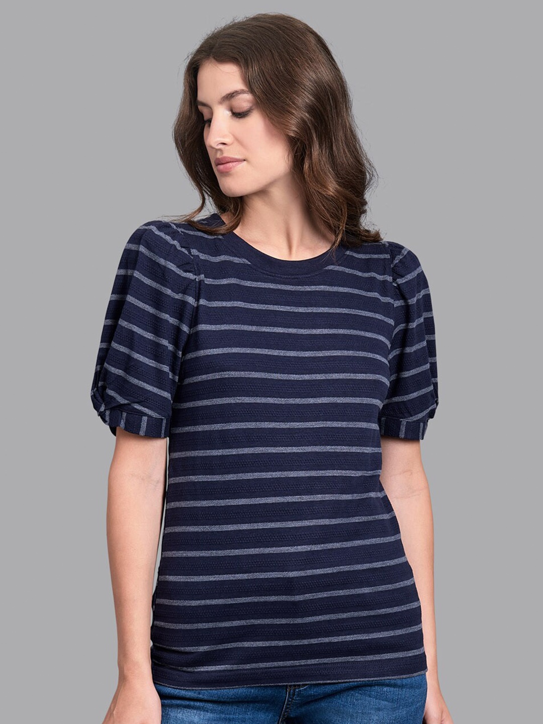 

Beverly Hills Polo Club Women Navy Blue Striped Puff Sleeves T-shirt