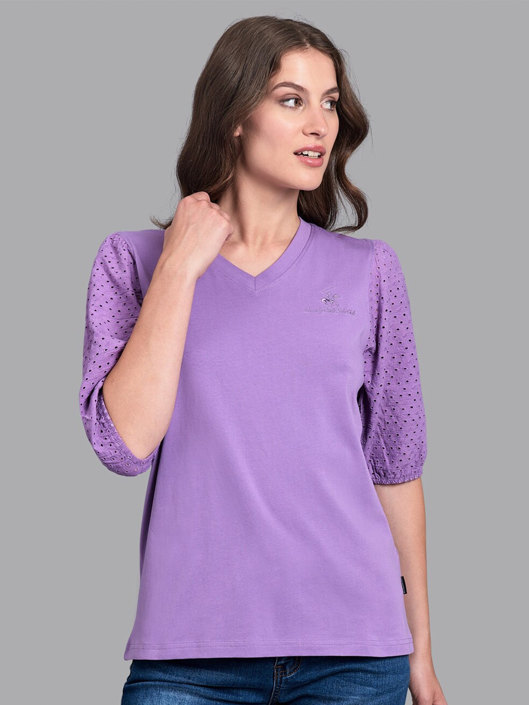 

Beverly Hills Polo Club Women Purple Solid Schiffli Sleeves T-shirt