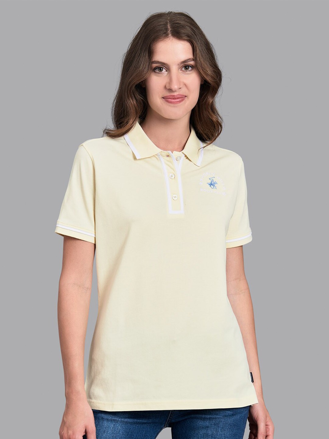 

Beverly Hills Polo Club Women Yellow Polo Collar T-shirt