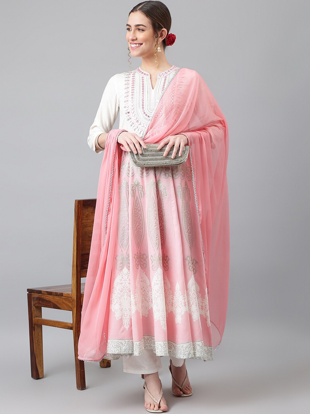 

Khushal K Women Pink Ethnic Motifs Striped Gotta Patti Anarkali Kurta With Dupatta