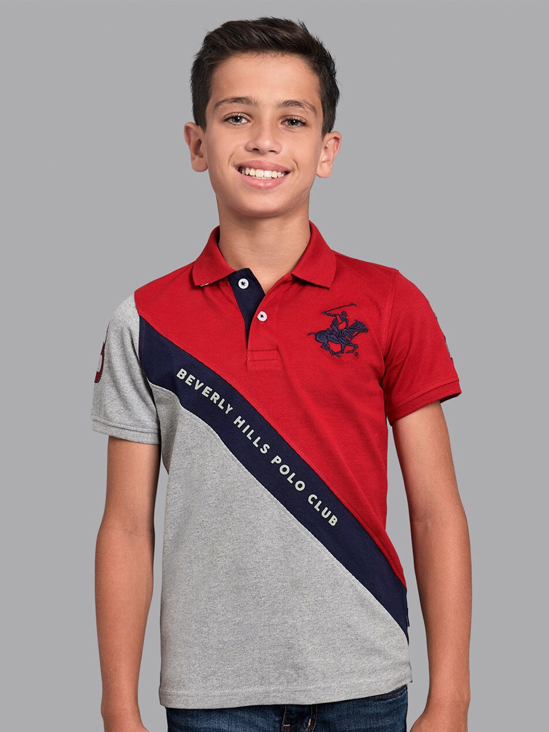

Beverly Hills Polo Club Boys Red Colourblocked Polo Collar Applique T-shirt