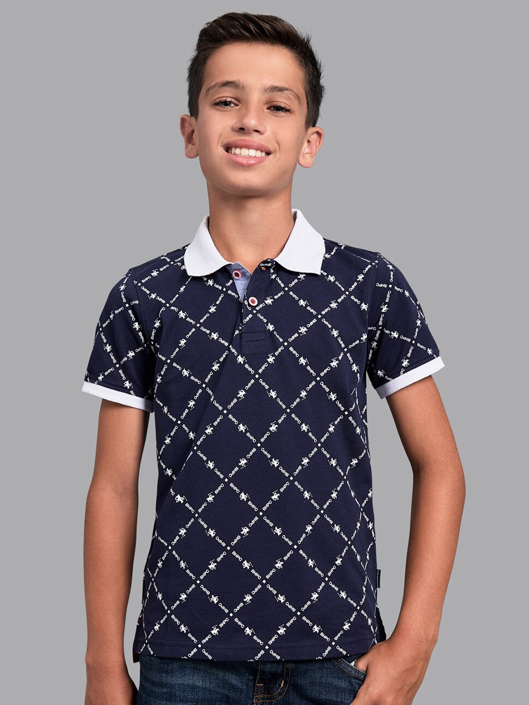 

Beverly Hills Polo Club Boys Navy Blue Printed Polo Collar T-shirt