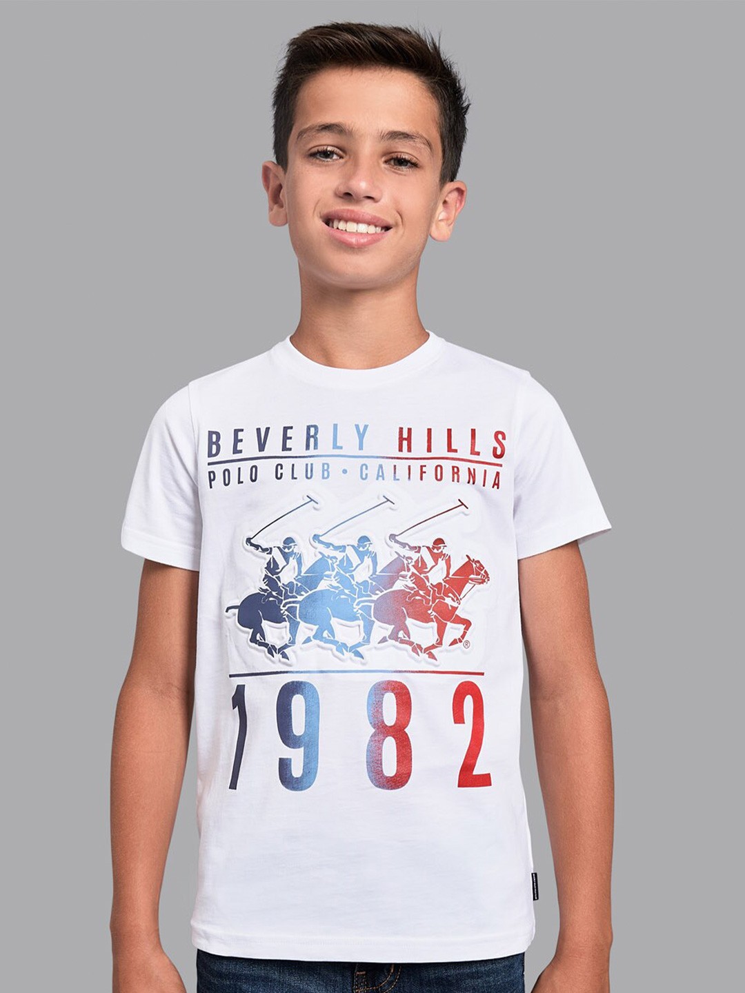 

Beverly Hills Polo Club Boys White Printed Applique T-shirt