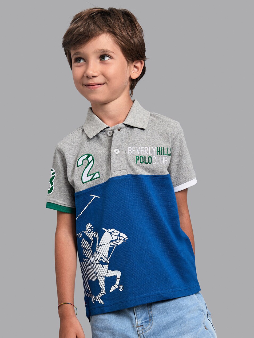 

Beverly Hills Polo Club Boys Grey Printed Polo Collar Applique T-shirt