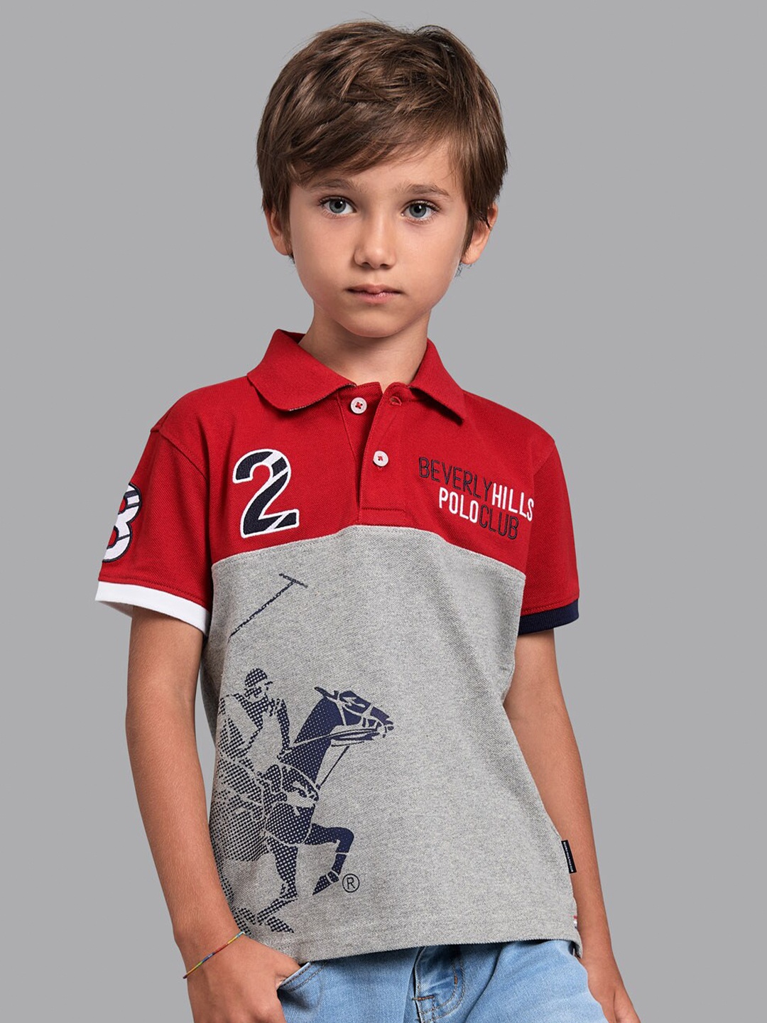 

Beverly Hills Polo Club Boys Red Printed Polo Collar Applique T-shirt
