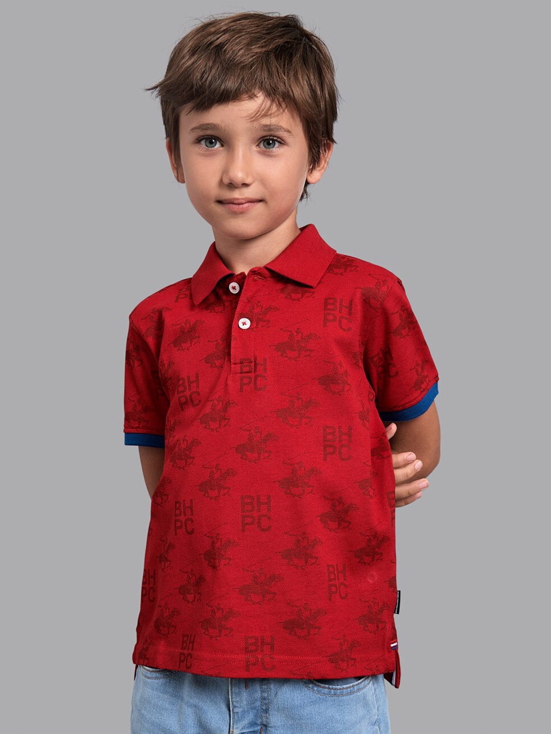 

Beverly Hills Polo Club Boys Red Polo Collar Extended Sleeves Tropical T-shirt