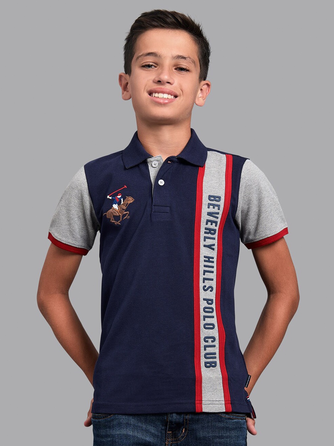 

Beverly Hills Polo Club Boys Navy Blue Striped Polo Collar Applique T-shirt