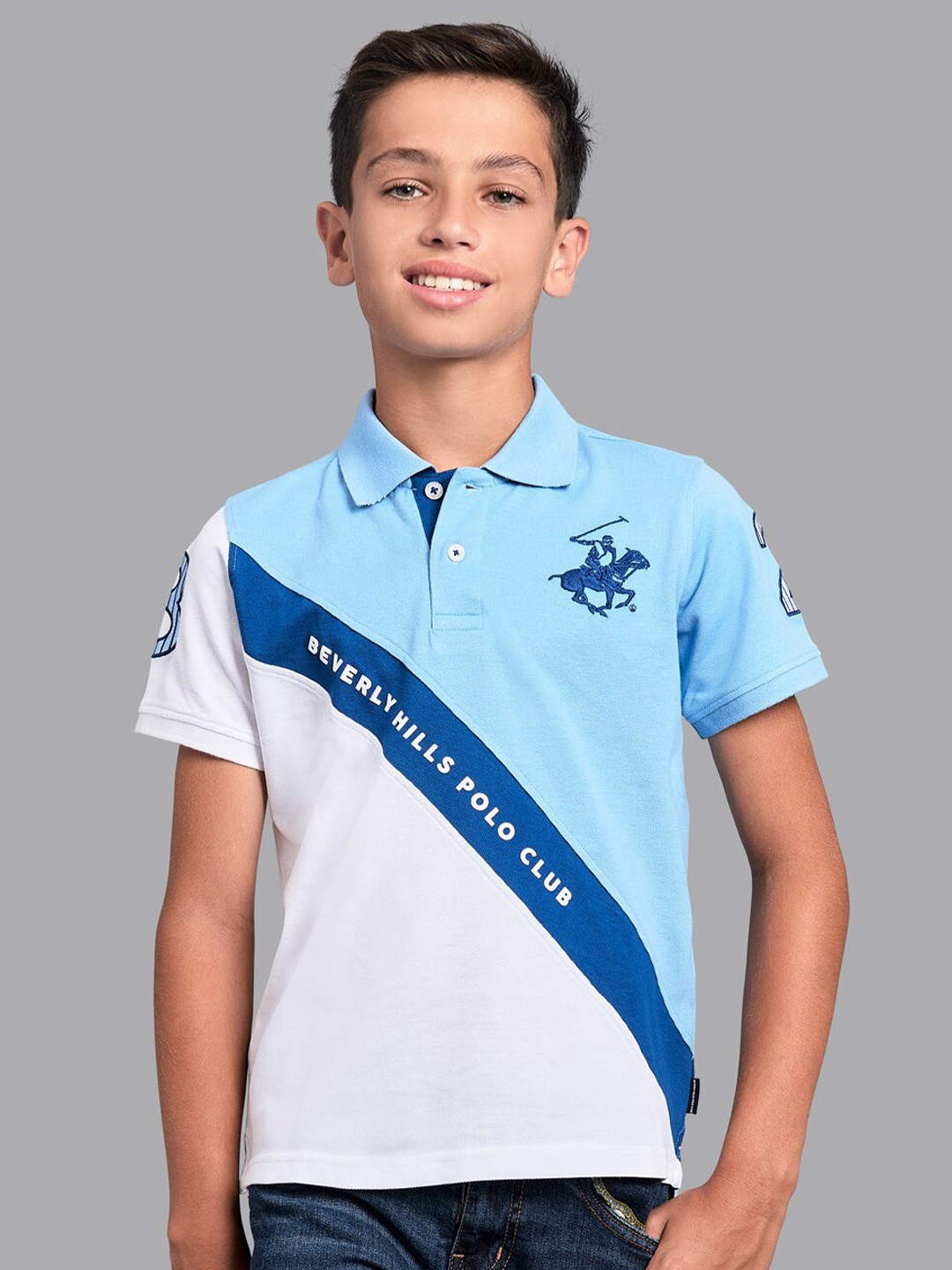 

Beverly Hills Polo Club Boys Blue Colourblocked Polo Collar Applique T-shirt