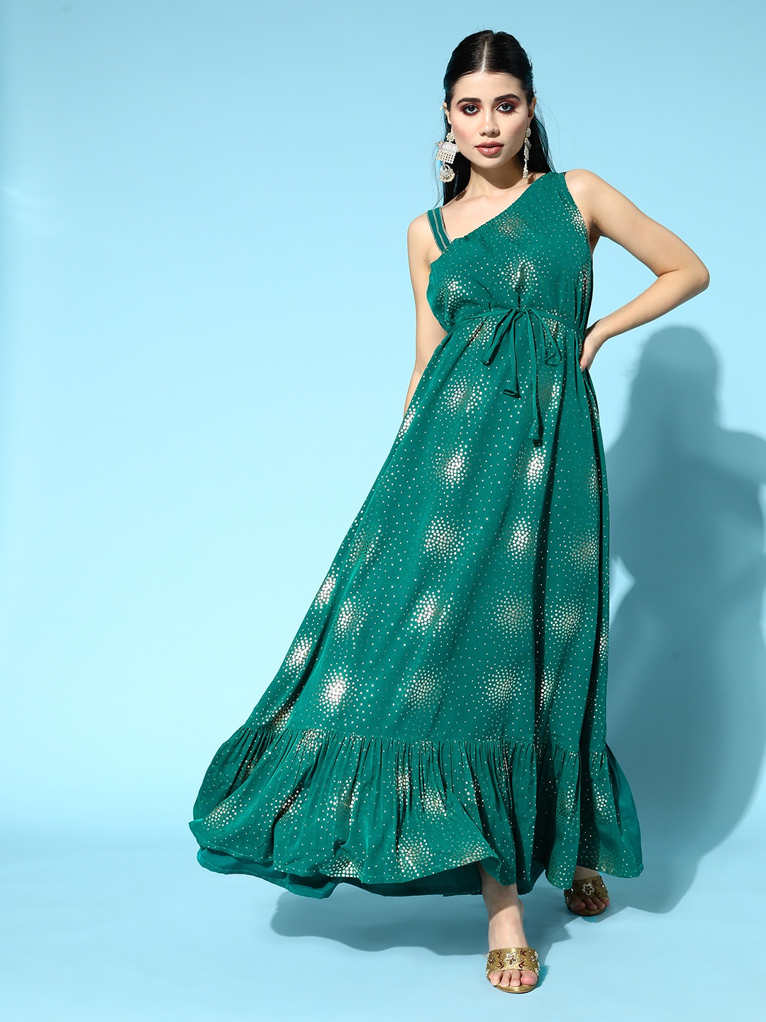 

Janasya Women Gorgeous Green Abstract Elevated Gown