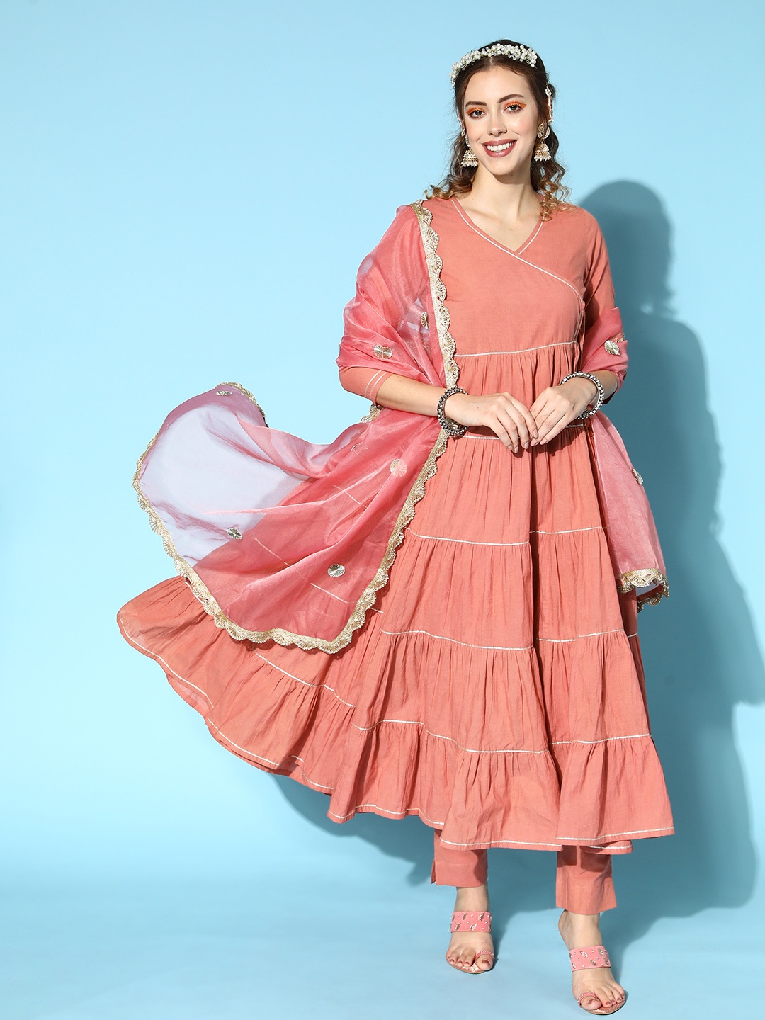

Janasya Women Solid Pure Cotton Fluid Tie-Up Kurta Set, Coral