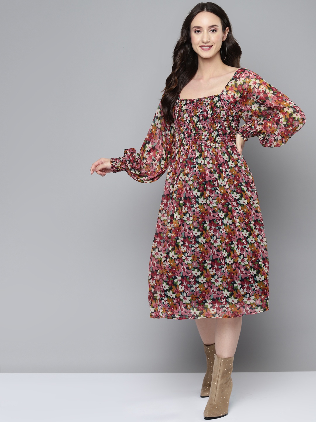 

Femella Navy Blue & Pink Floral Smocked Midi Dress