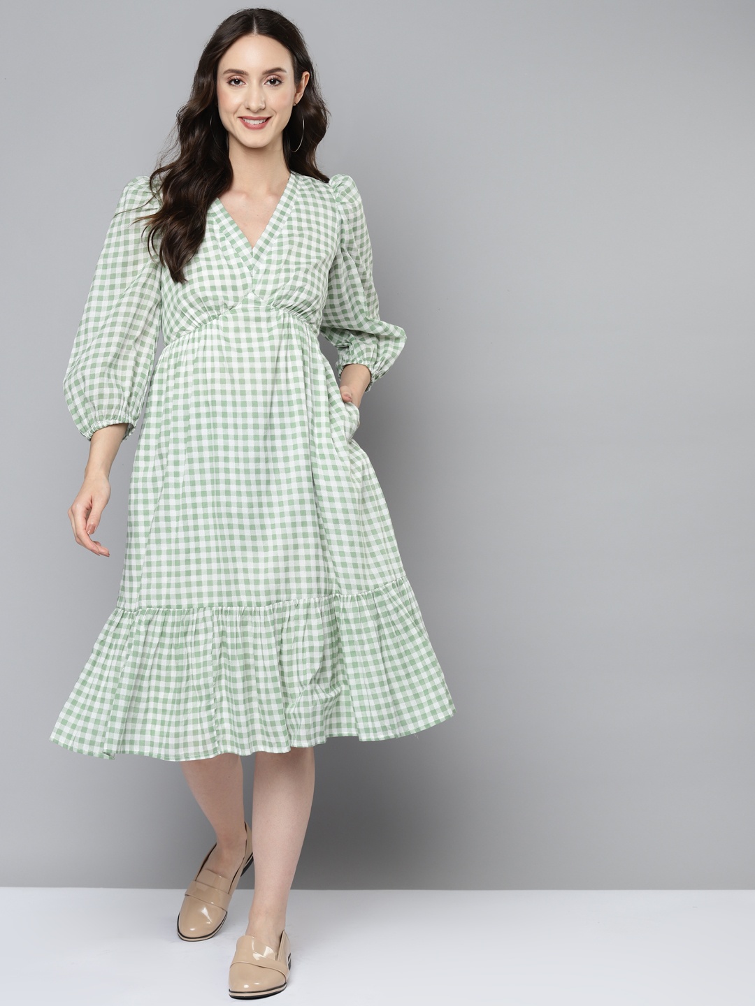 

Femella Green Pure Cotton Gingham Checked Tiered Midi Dress