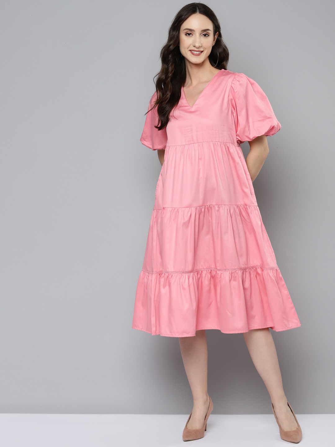 

Femella Pink Pure Cotton Tiered Midi Dress