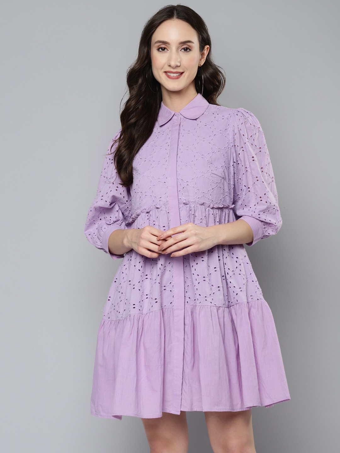 

Femella Lavender Pure Cotton Schiffli Embroidered Shirt Mini Dress