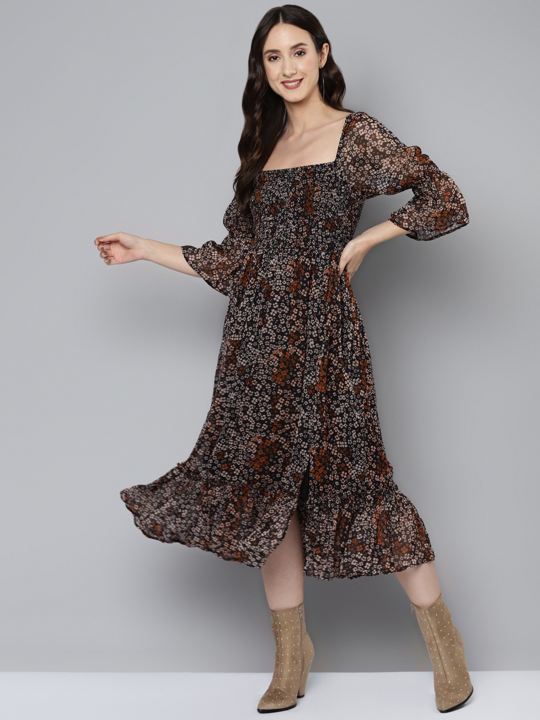 

Femella Black & White Floral Georgette Smocked Midi Dress