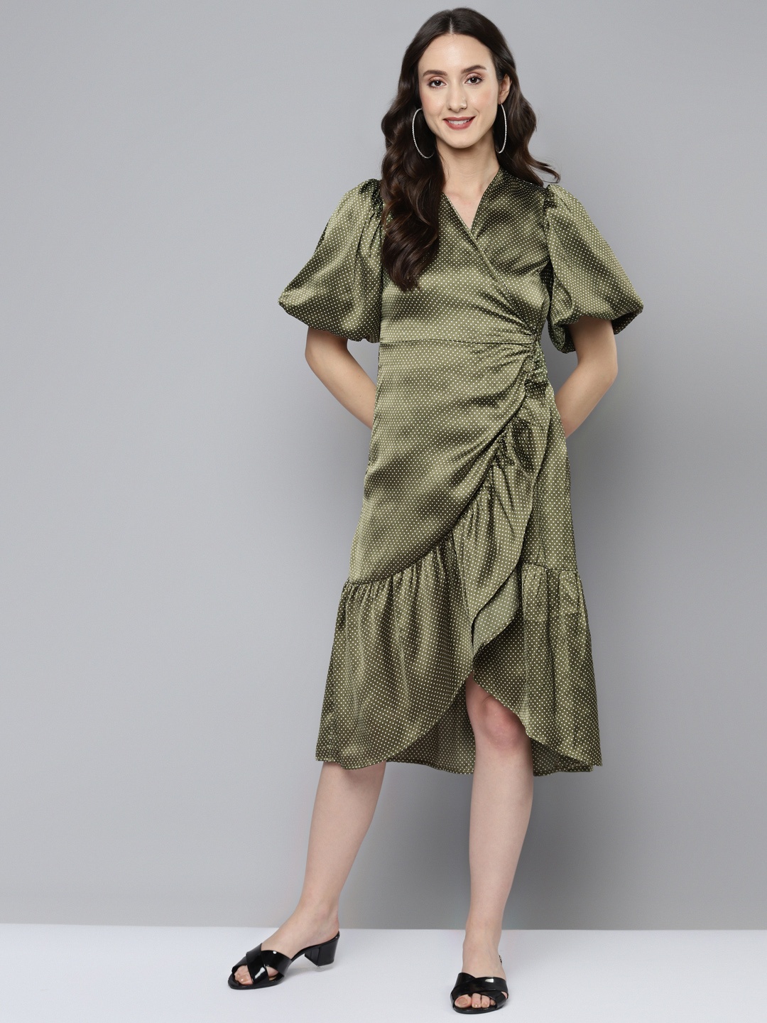 

Femella Green & White Polka Dot Satin Midi Warp Dress