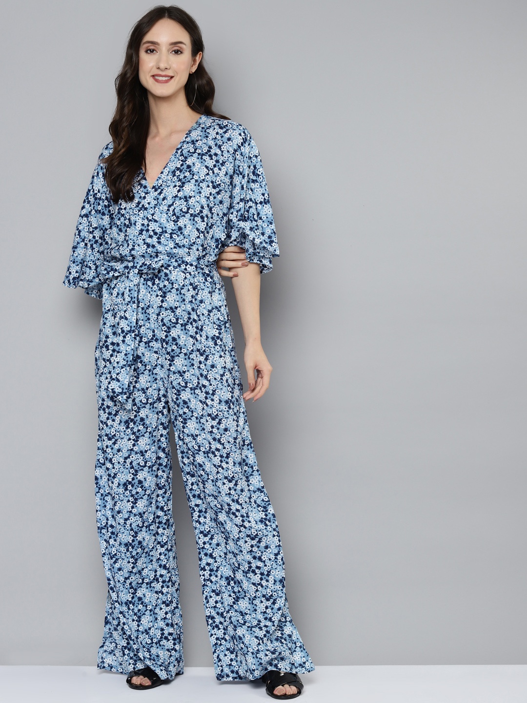 

Femella Blue & White Floral Printed Kimono Basic Jumpsuit