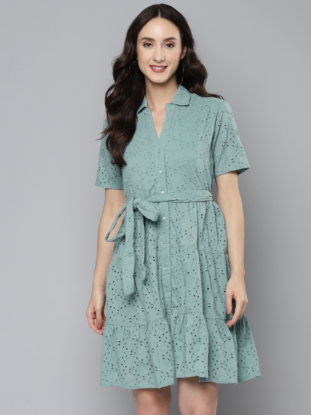 

Femella Green Pure Cotton Schiffli Embroidered Belted Shirt Mini Dress