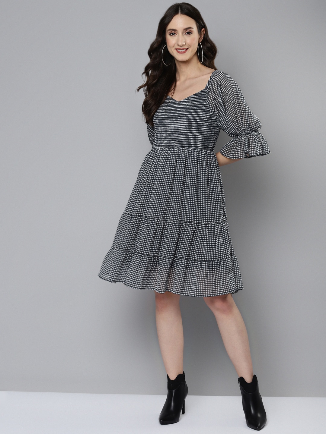 

Femella Navy Blue & White Gingham Checked Georgette Smocked Mini Dress