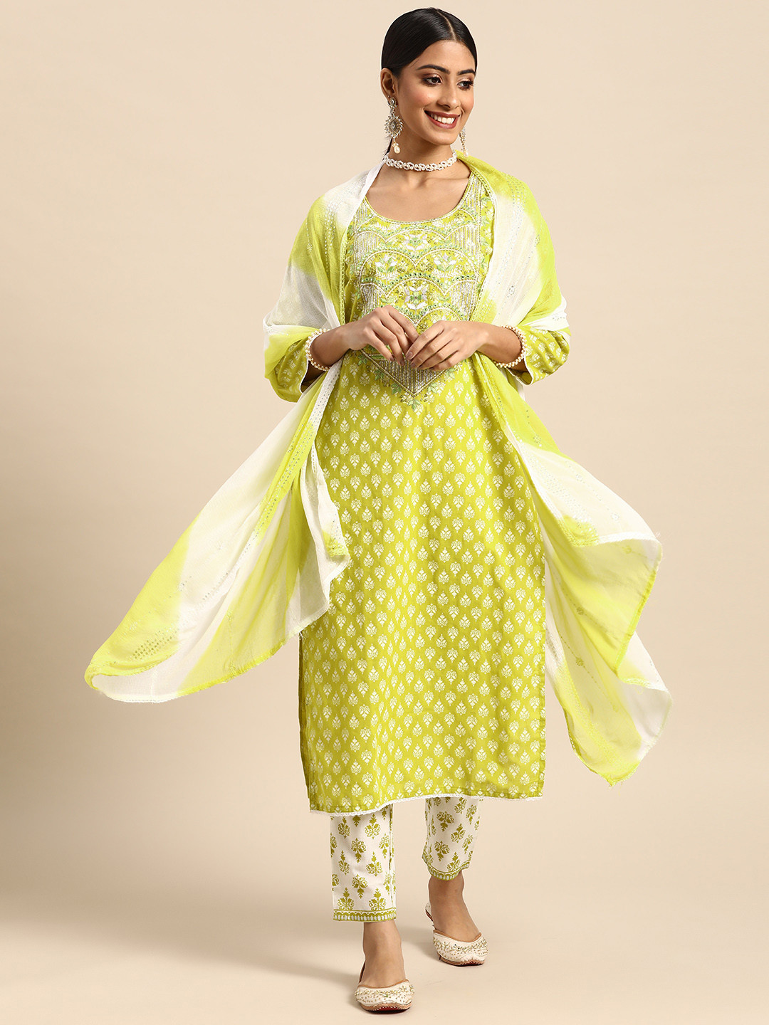 

Sangria Women Lime Green Yoke Design Sequinned Pure Cotton Kurta with Trousers & Dupatta