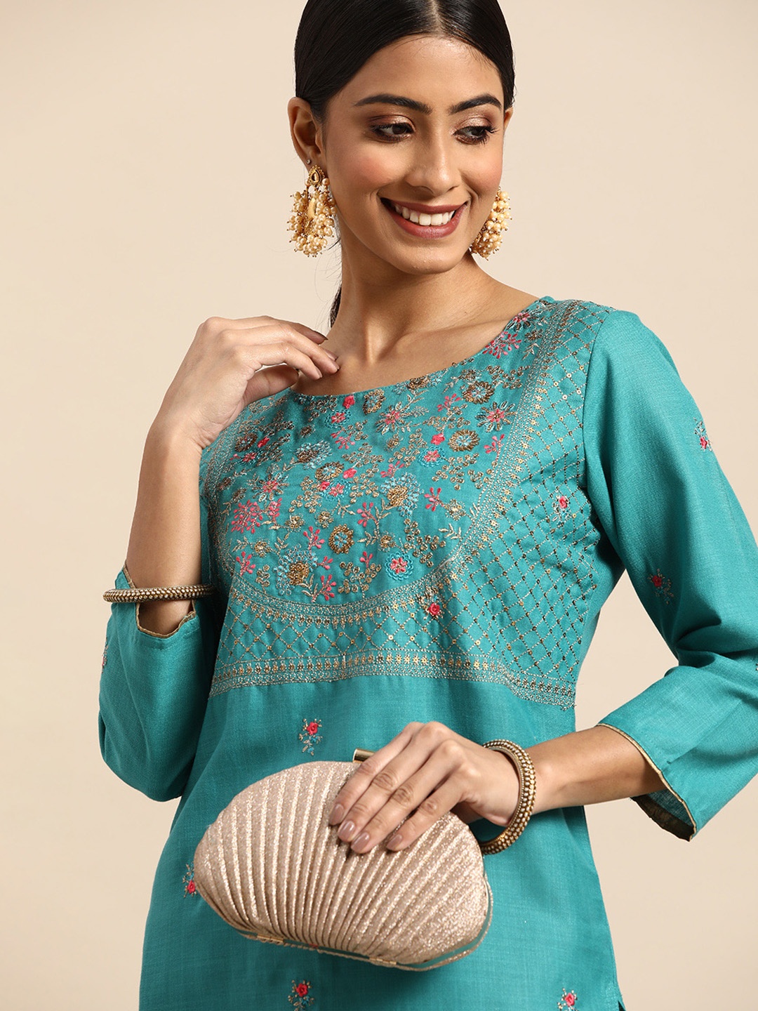 

Sangria Women Turquoise Blue Yoke Design Sequined Kurta