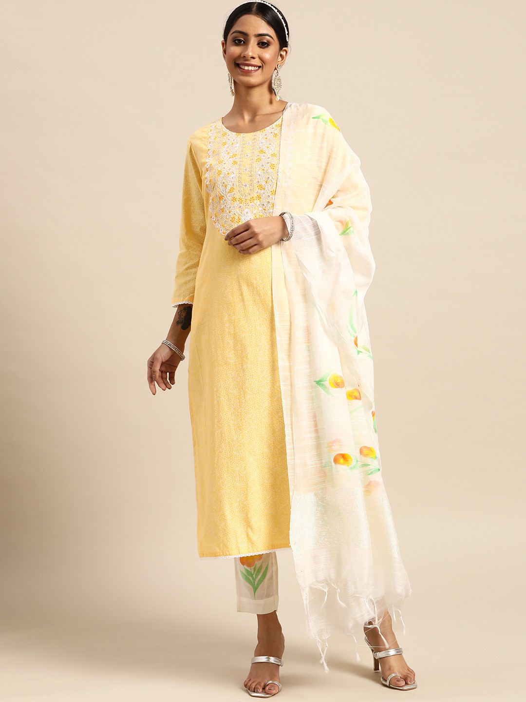 

Sangria Women Yellow & White Floral Yoke Design Cotton Kurta with Trousers & Dupatta