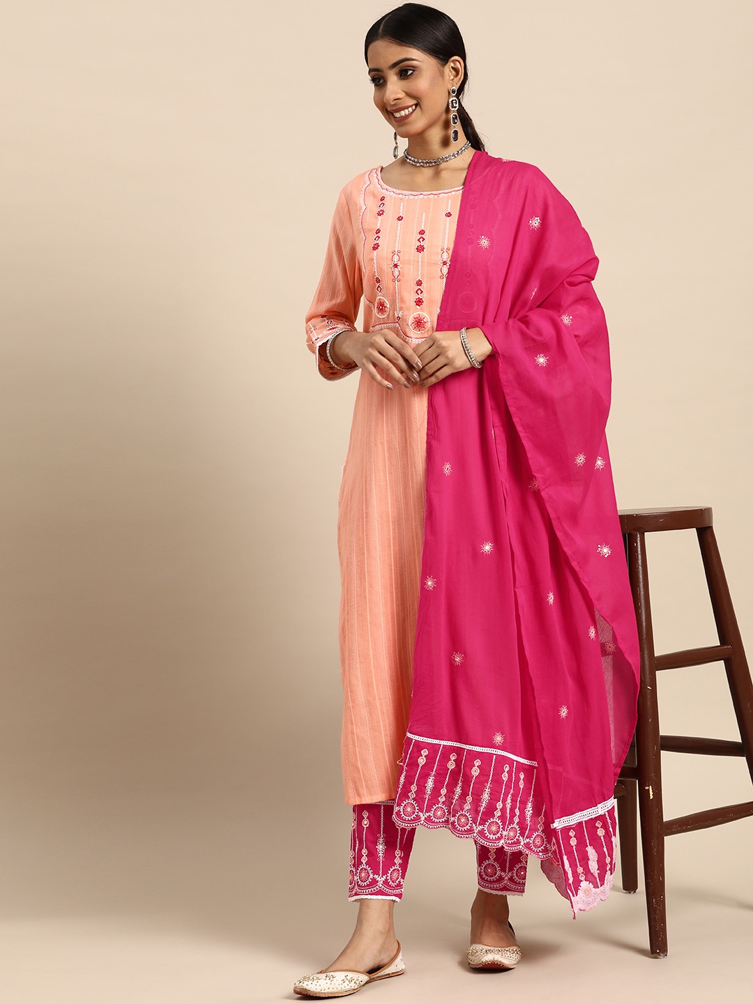 

Sangria Women Peach-Coloured Embroidered Pure Cotton Kurta with Trousers & Dupatta