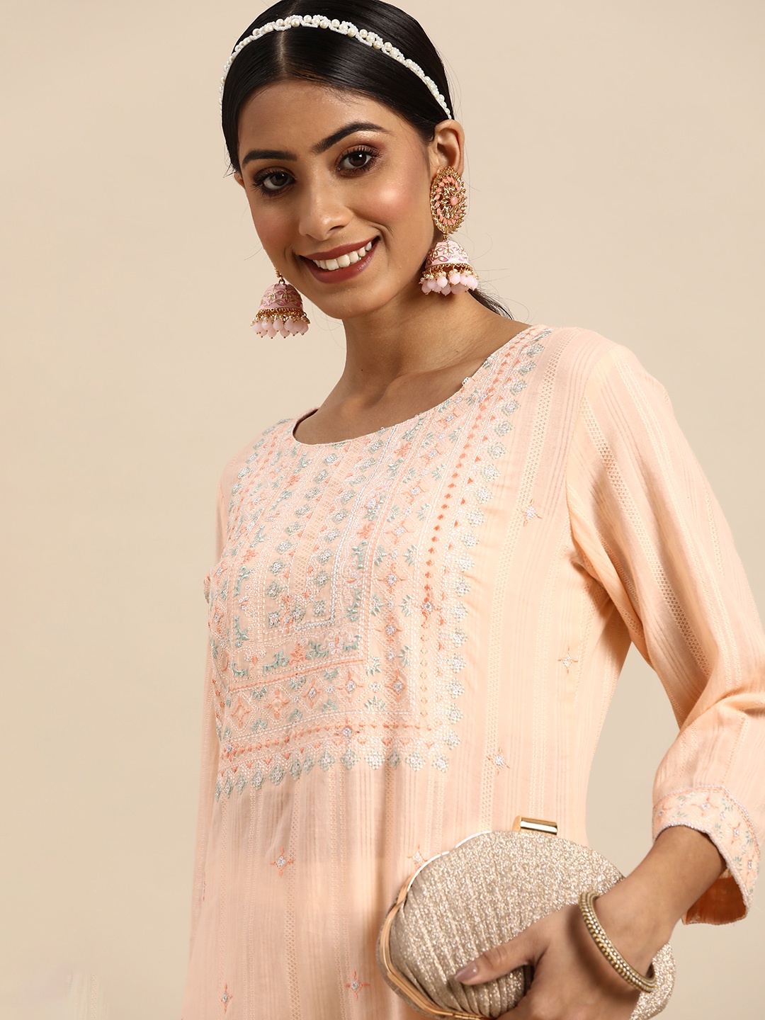 

Sangria Women Peach-Coloured Yoke Design Sequined Kurta