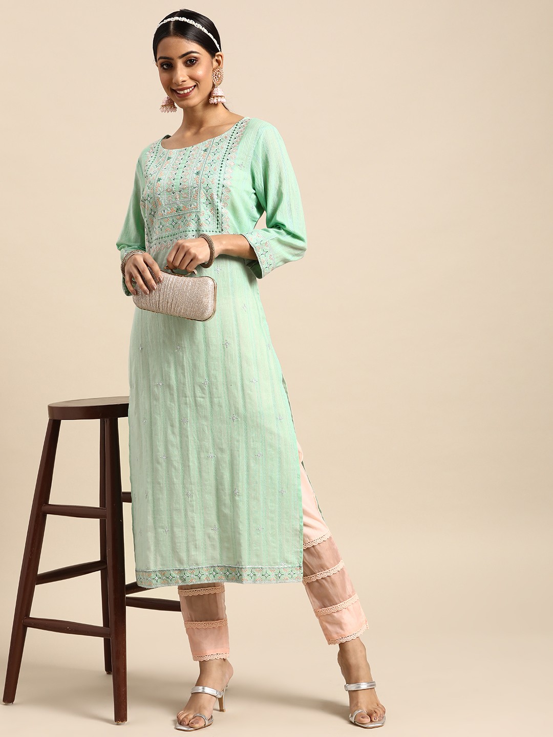 

Sangria Women Mint Green Yoke Design Sequined Kurta