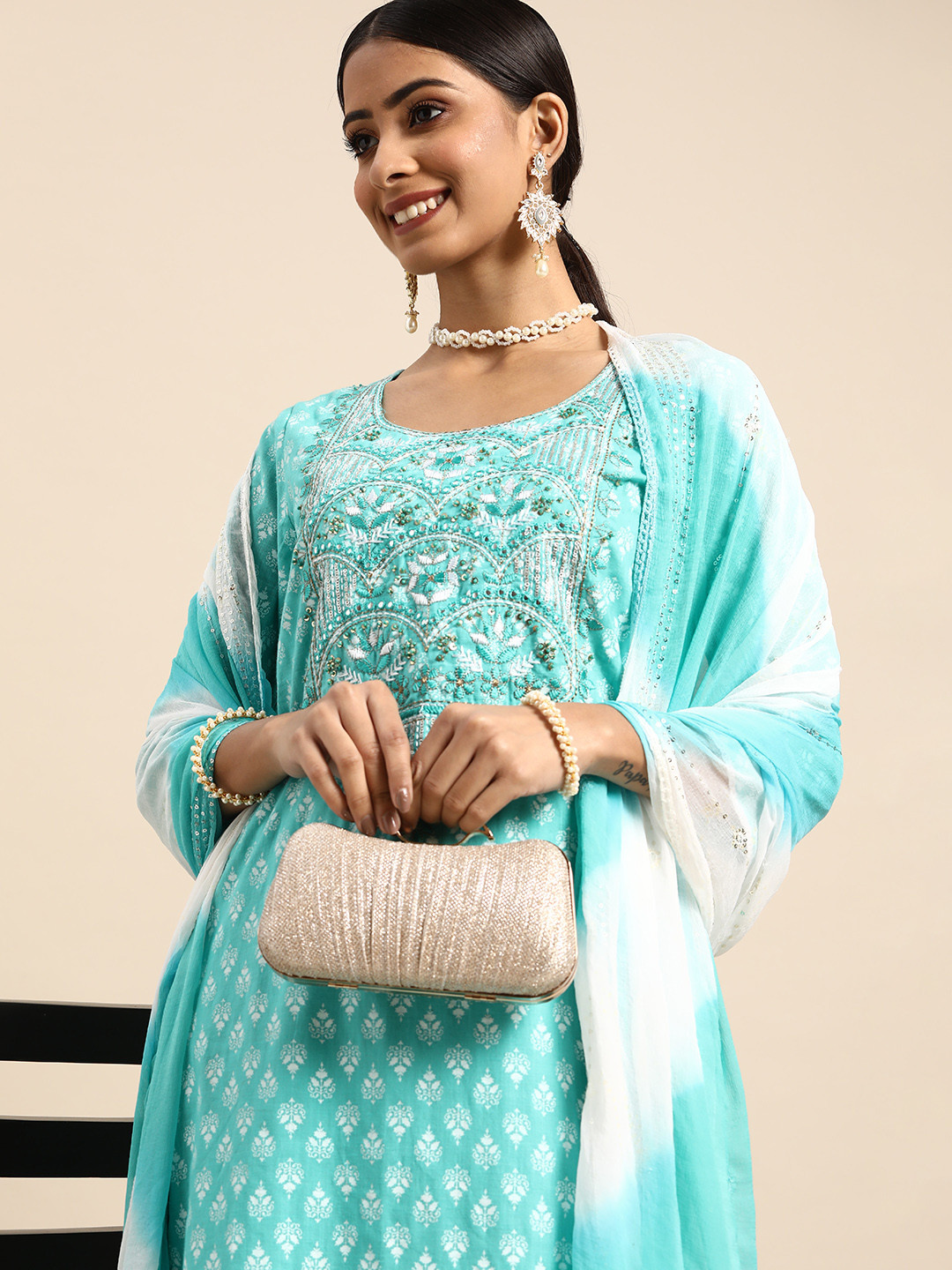 

Sangria Women Turquoise Blue Yoke Design Sequined Cotton Kurta with Trousers & Dupatta