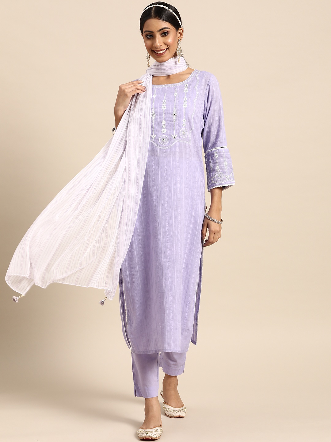 

Sangria Women Lavender Yoke Design Thread Work Kurta with Palazzos & With Dupatta