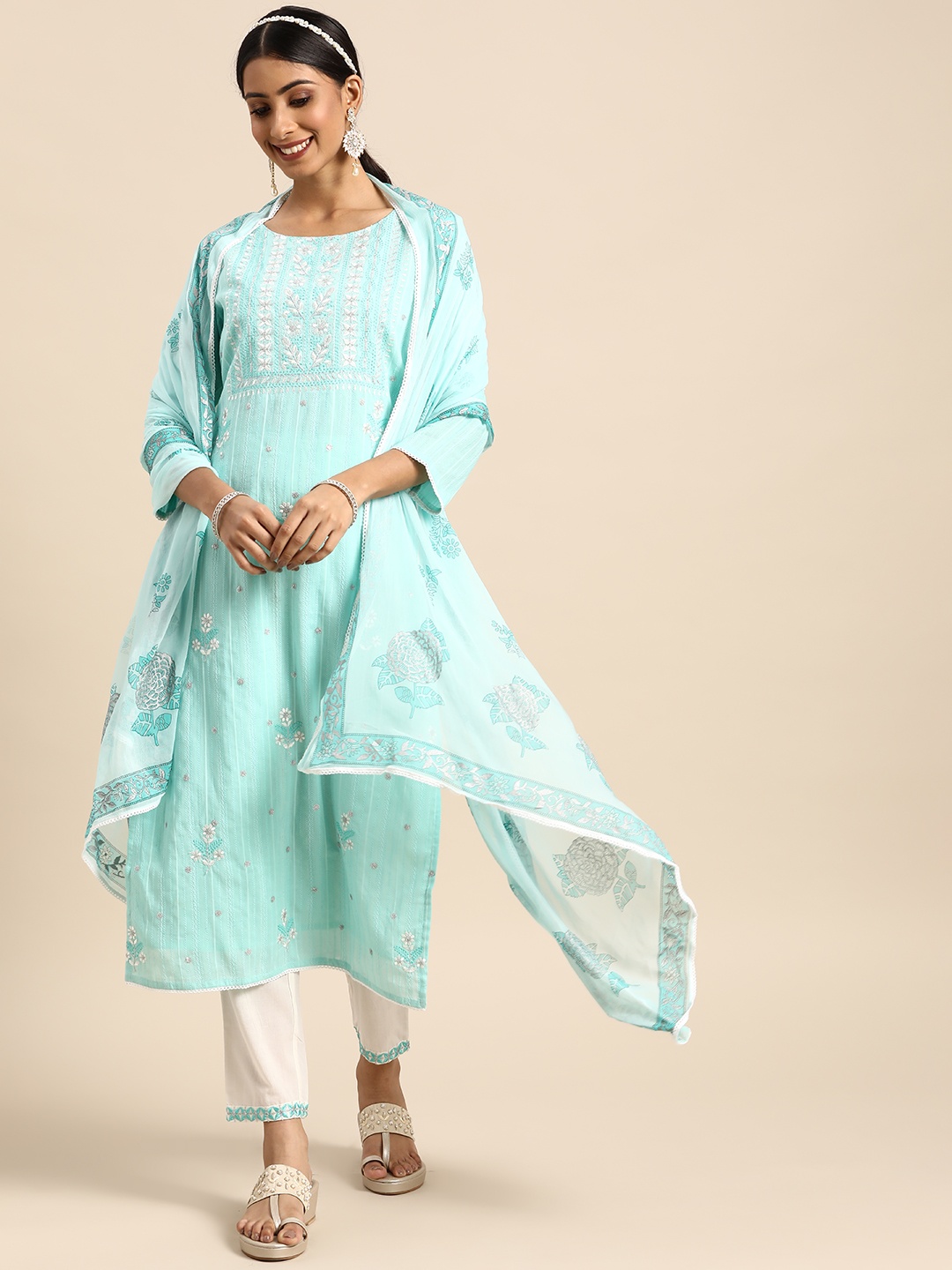 

Sangria Women Blue Yoke Design Sequined Pure Cotton Kurta with Trousers & Dupatta